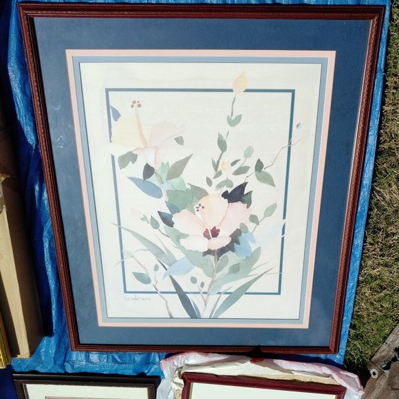 BLUE AND PEACH FLOWER PRINT WITH CUSTOM TRIPLE MAT AND CHERRY WOOD FRAME - Picture 4 of 7